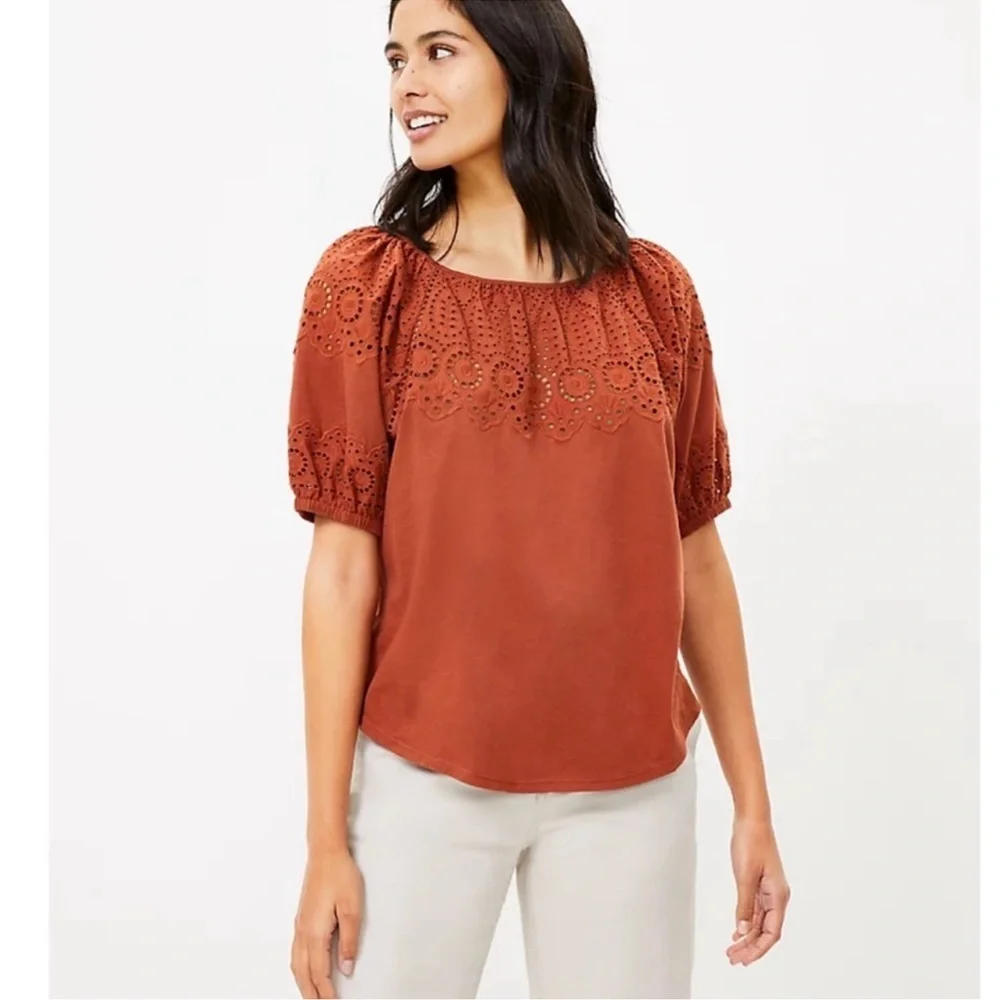 Loft Rust Red Cotton Puff Sleeve Top With Eyelet Lace Yoke, M